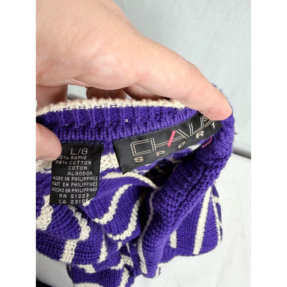 Chaus Sport L Purple White Striped Oversized Chunky Knit Crewneck Sweater - Picture 11 of 14